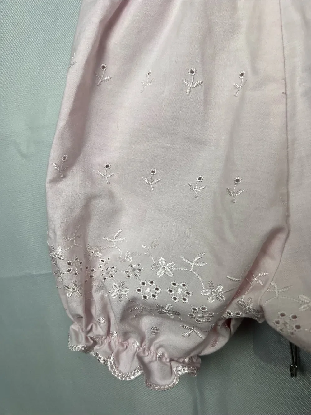 Baby Grand Pink eyelet bubble romper with ruffle accents size 9 months